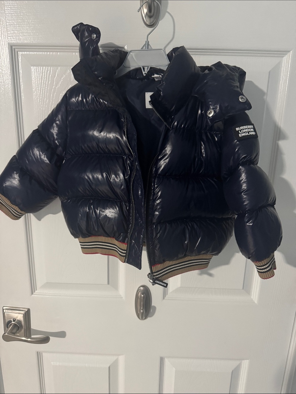 Burberry Kids Shiny Navy Puffer Jacket with Striped Ribbing